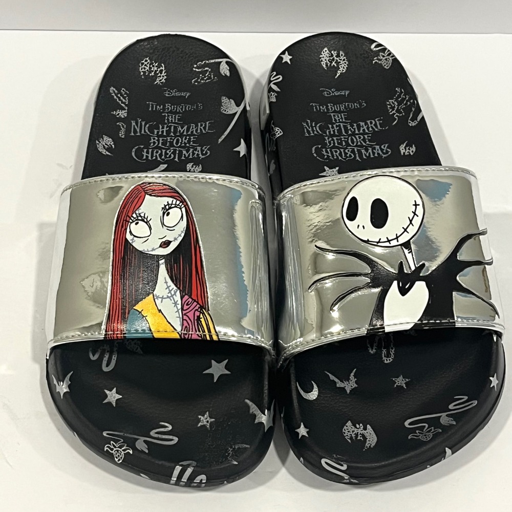 Disney Ground Up Nightmare Before Christmas Jack Sally Slides Silver Black Sz 8